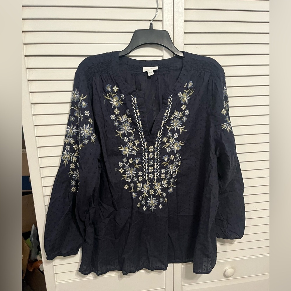 J. Jill Long Sleeve Blouse Navy Blue Swiss Dot Embroidered 100% Cotton